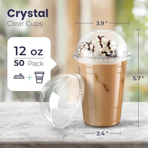Miniatura 2 de Fit Meal Prep Paquete de 50 unidades de 12 oz Tazas de café desechables de plástico con tapas en forma de domo, tazas de café para llevar con tapas