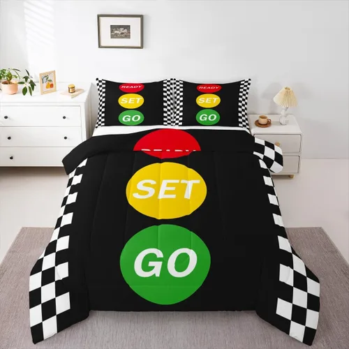 Miniatura 32 de Feelyou Juego de edredón azul de carreras para niños, juego de ropa de cama de coche deportivo para niños y niños, edredón deportivo geométrico a