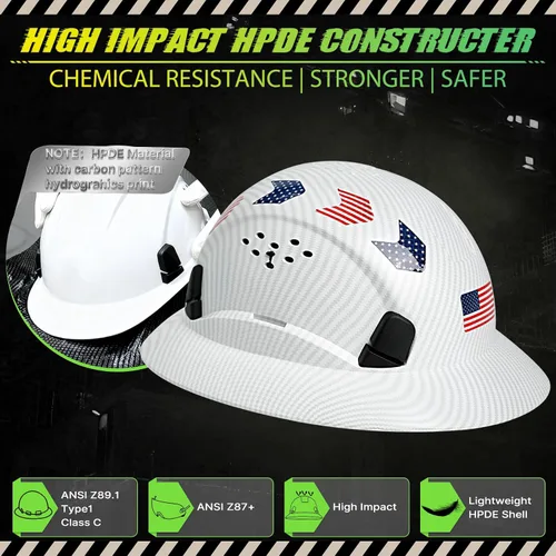 Miniatura 2 de Casco duro de ala completa con patrón de fibra de carbono con visera, casco de seguridad de construcción aprobado por la OSHA para hombres y Fibra