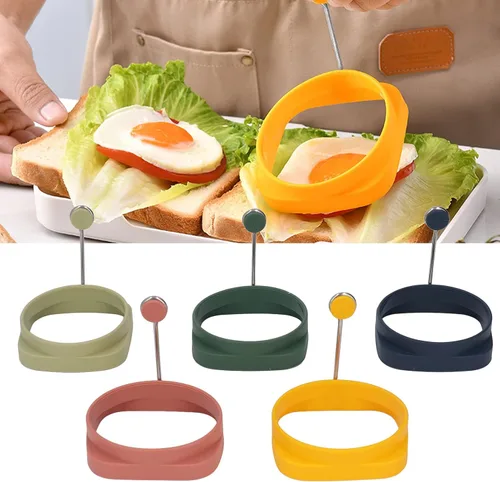 Miniatura 9 de Fdit Anillos de silicona para freír huevos, paquete de 5, cuadrados y redondos de doble cara, mango de aislamiento térmico, grado alimenticio