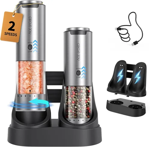 Miniatura 8 de CIRCLE JOY Juego de molinillo de sal y pimienta eléctrico recargable con base, molinillos de pimienta de acero inoxidable con contenedor de 95ml