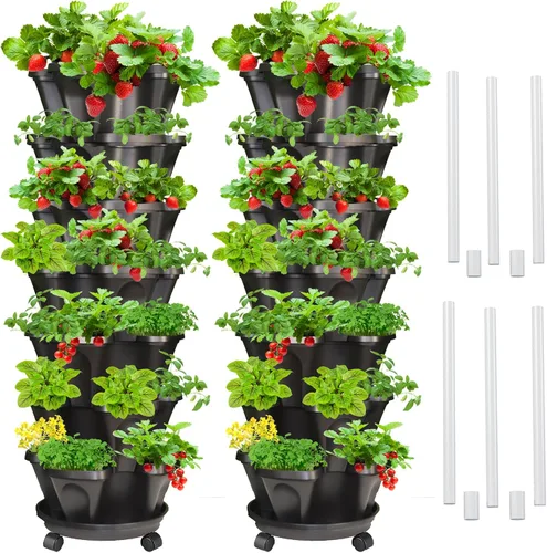 Miniatura 28 de Macetas verticales de fresa, paquete de 2 unidades, torre apilable de 5 niveles con poste de soporte, macetas apilables para hierbas y verduras