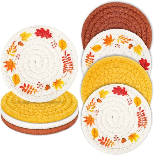 Posavasos de otoño de Acción de Gracias de Whaline Hojas de arce hechas a mano trenzadas de algodón para bebidas, naranja y amarillo,