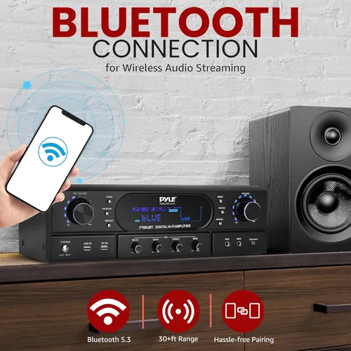 Miniatura 4 de Pyle Amplificador receptor de cine en casa Bluetooth – Amplificador de potencia máxima de 180 W con agudos, graves, control de eco, MP3/USB/FM