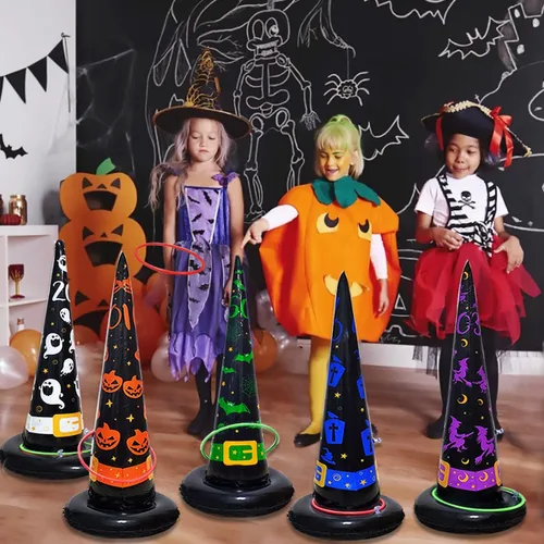 Miniatura 5 de Poptrend Paquete de 5 juguetes de Halloween, juegos inflables de sombrero de bruja para lanzar anillos, juego inflable de lanzamiento de anillos