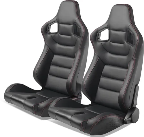 Miniatura 34 de IKON MOTORSPORTS, Asiento universal de carreras PU + cuero de carbono + gamuza, con deslizadores dobles, asiento deportivo reclinable negro