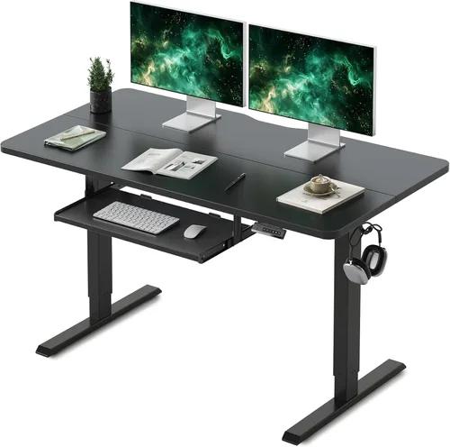 FEZIBO Escritorio de pie con bandeja para teclado, altura ajustable de 55 x 24 pulgadas, con ajustes preestablecidos de memoria para oficina en Negro