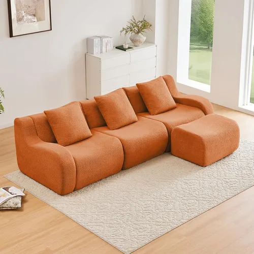 Miniatura 27 de Otomana de tela de peluche negra, moderno reposapiés modular sin hueso en una caja para sala de estar, cómodo diseño de asiento profundo,