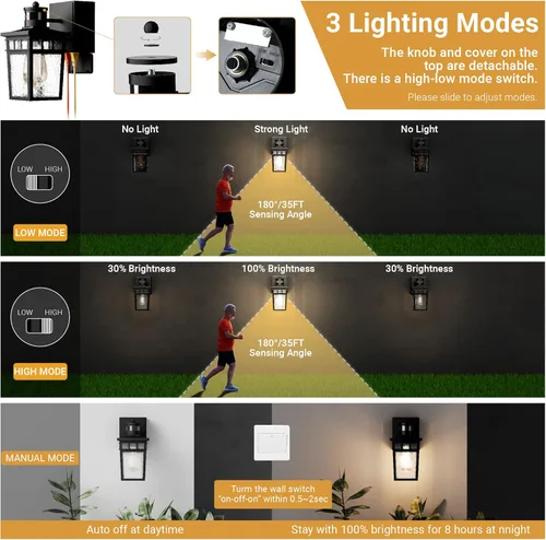 Miniatura 5 de Paquete de 2 Luces de Porche para Exteriores con Toma GFCI - 3 Modos de Iluminación Lámpara Exterior, Sensor de Movimiento de Anochecer a Amanecer