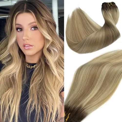 Miniatura 8 de Extensiones de cabello humano real con trama cosida, atadas a mano, color rubio ceniza a rubio con reflejos, extensiones cosidas con trama