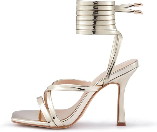 Miniatura 4 de GENSHUO Sandalias de tacón para mujer con tiras y cordones de tacón alto, sandalias de punta cuadrada, sandalias de tacón para fiestas, bailes