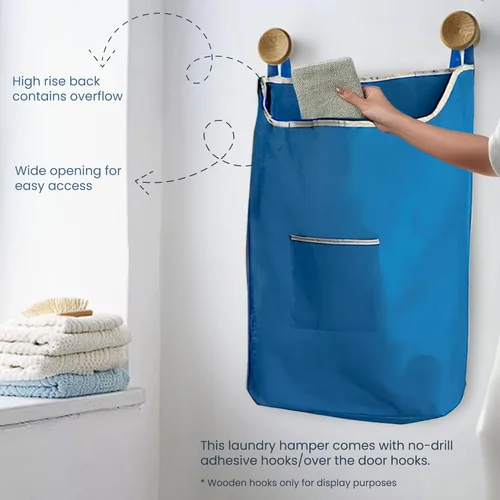 Miniatura 4 de The Fine Living Co. Cesta de lavandería colgante extragrande con ganchos para la puerta y adhesivo, bolsa de lavandería duradera que ahorra espacio