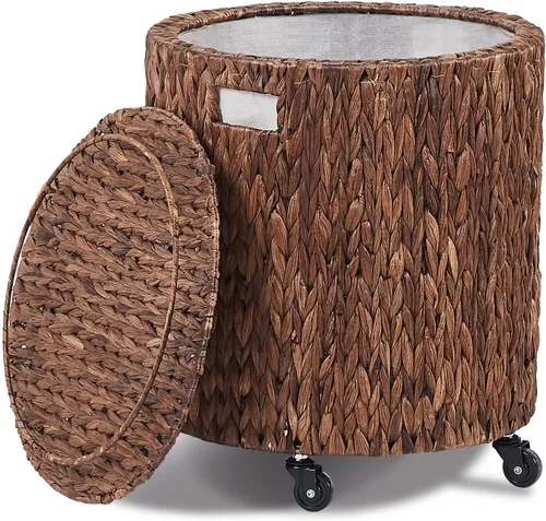 Wimarsbon Cesta de Almacenamiento Vintage, Cesta Rodante Multiusos con Ruedas Frenables y Tapa, Cesta de Lavandería Trenzada, Organizador de