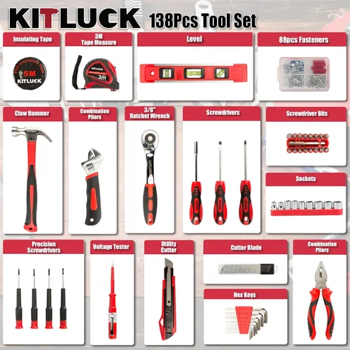 Miniatura 2 de KITLUCK Juego de 138 piezas para el hogar, juego de herramientas de mano para reparación doméstica para hombres, juego de caja de herramientas