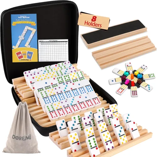 Miniatura 9 de Doreimi Juego de Dominó Doble 6 para Adultos con 4 Estanterías de Madera y 28 Azulejos Juego de Dominó de Viaje Juego de Mesa Clásico para Noche
