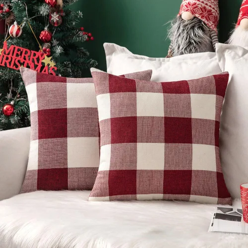 Miniatura 13 de MIULEE - Paquete de 2 fundas de almohada decorativas clásicas de Navidad de lino y poliéster a cuadros de granja, color negro sólido y rojo