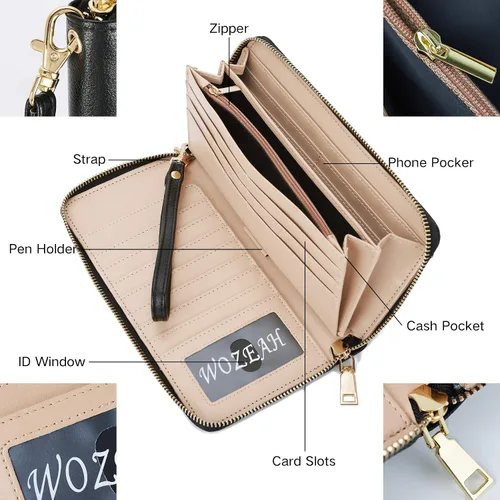 Miniatura 7 de WOZEAH - Cartera de piel sintética con cremallera y bloqueo RFID para mujer, ideal para viajar