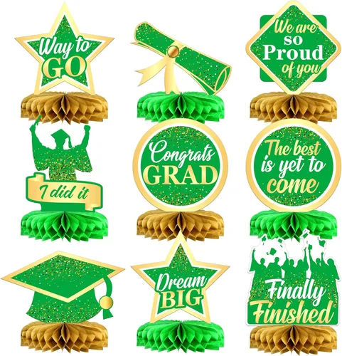 Decoraciones de graduación 2026, centros de mesa de graduación verdes y dorados para mesas 2026 – Paquete de 9 | Decoraciones de nido de abeja de