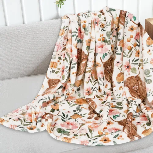 Miniatura 3 de JarThenaAMCS Manta de Franela Mullida de Vaca de las Tierras Altas Florales 60 x 50 Pulgadas Manta Decorativa Estilo Granja de Acuarela con Flores