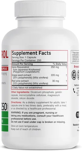 Miniatura 2 de Bronson Resveratrol 500 Complex Estandarizado Trans-Resveratrol + Extracto de Semilla de Uva y Vino Tinto, 250 Cápsulas