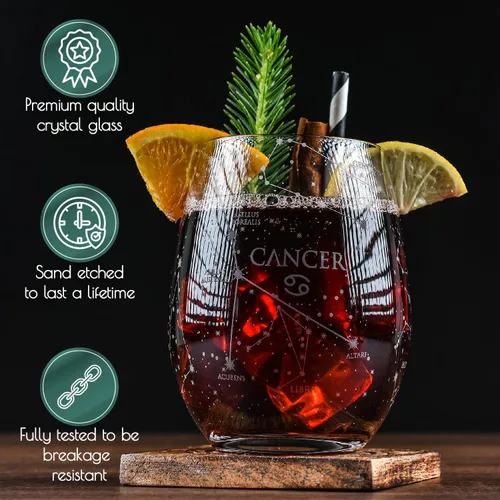 Miniatura 4 de Greenline Goods Juego de copas de vino sin tallo de cáncer del zodiaco grabado a mano, 15 onzas (juego de 2) - Cristalería con signo de astrología