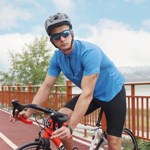 Miniatura 5 de qualidyne Camiseta de ciclismo para hombre, manga corta, media cremallera, con bolsillo trasero con cremallera