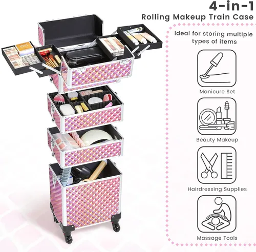 Miniatura 4 de Yaheetech Estuche de maquillaje profesional de entrenamiento 4 en 1/carrito de cosméticos rodante/estuche organizador de maquillaje/estuche de viaje