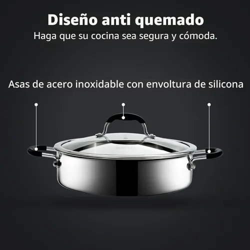 Miniatura 4 de SLOTTET Sartén de acero inoxidable de tres capas con tapa, sartén profunda de 5 cuartos de galón con cómodo mango de silicona, sartén de 11.5