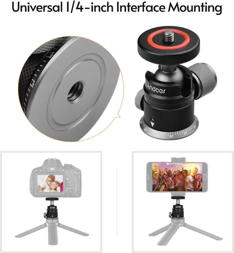 Miniatura 4 de Andoer DSLR - Cabezal de bola de trípode de aleación de aluminio, montaje panorámico de 360° giratorio de 180° con base escalada, montaje universal