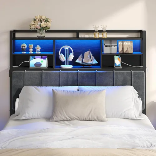 Miniatura 3 de Hzuaneri Cabecero con estantes de almacenamiento de 3 niveles, tablero de cabecera tapizado de terciopelo con 2 tomas, puertos USB y luz LED