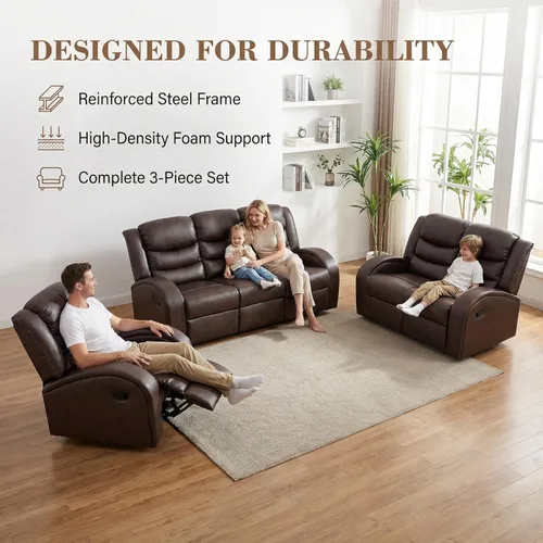 Miniatura 6 de Juego de sofá reclinable de 3 piezas, juego de muebles de sala de estar, sofá reclinable seccional de cuero, sofá reclinable manual, cómodo asiento