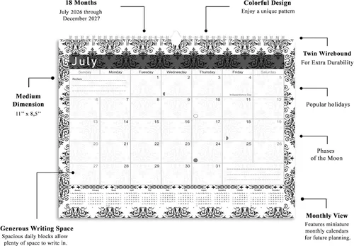Miniatura 3 de Calendario mensual 2025-2026 de pared o escritorio encuadernado en espiral, calendario de escritorio de 18 meses, calendario/planificador de pared