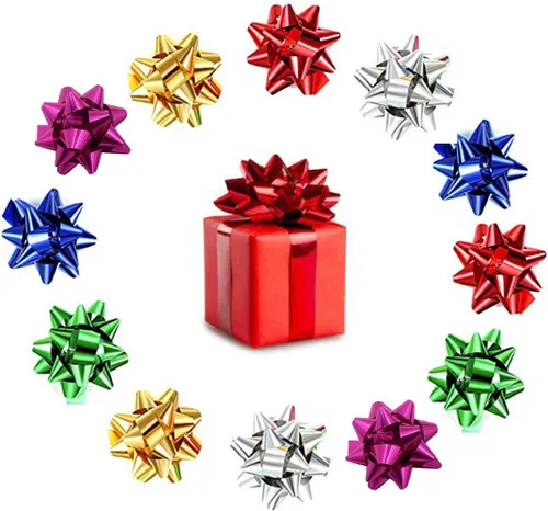 elify 120 mini lazos de regalo, lazo metálico de estrella de 1 pulgada, pequeños lazos para regalo de vacaciones, Navidad, cumpleaños, fiesta,