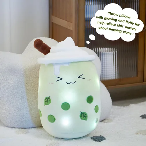 Miniatura 3 de Almohada de peluche de té Boba Matcha con luz LED de 10 pulgadas, kawaii, animal de peluche suave con burbujas, juguete con luces LED, regalo
