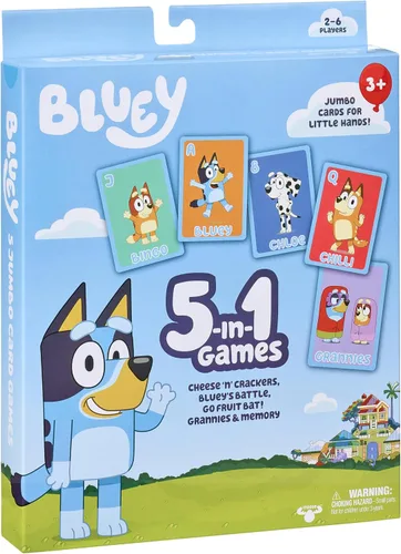 Bluey Juego de Cartas 5 en 1, Juego para Niños Pequeños con Baraja de 53 Cartas de Tamaño Jumbo, Juegos de Cartas Interactivos Multicolor para Niños