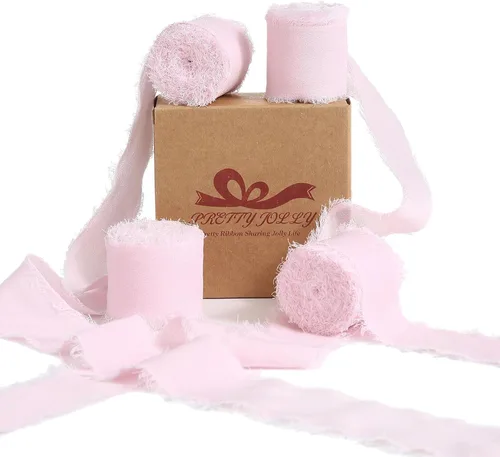 Miniatura 11 de Pretty Jolly Cinta de gasa beige para envolver regalos, 3 rollos de 2 pulgadas x 7 yardas, cinta de tela de seda hecha a mano con flecos para ramo