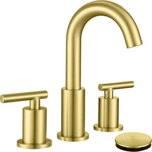 ChiLDano Grifo de baño de oro cepillado, grifo de lavabo de baño extendido de 8 pulgadas de 3 orificios con desagüe y manguera, grifo de baño dorado