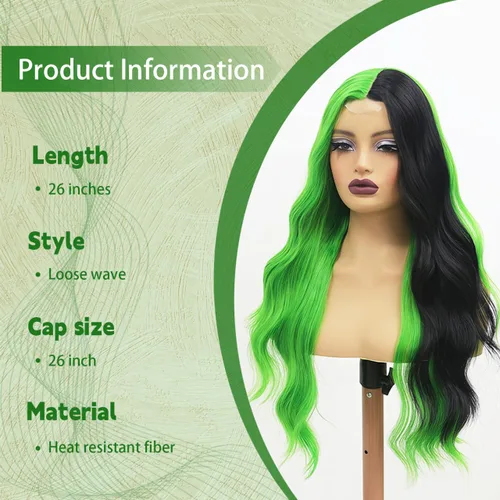 Miniatura 4 de Pelucas sintéticas de encaje frontal verde y negro, pelucas sintéticas de onda larga para mujer, 26 pulgadas (3/4 verde y 1/4 negro)