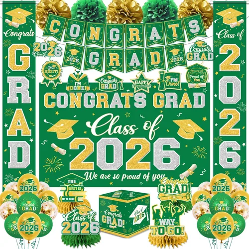 Miniatura 11 de Decoraciones de graduación de clase de 2026, decoraciones de graduación negras y doradas con pancarta de felicitaciones, telón de fondo, letrero