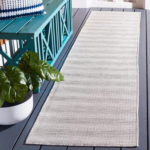SAFAVIEH Hampton Collection - Alfombra lavable para exteriores de 2 x 9 pies, color marfil y gris, no desprende pelusa y fácil de limpiar, ideal