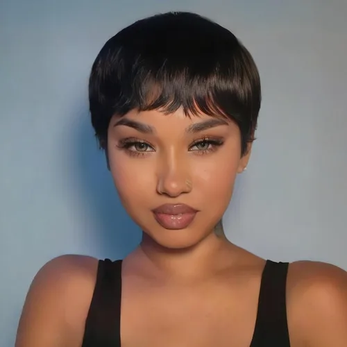 Miniatura 21 de Peluca de cabello humano con corte Pixie para mujeres negras, 100% cabello humano real, peluca corta y recta sin pegamento con flequillo, hecha a