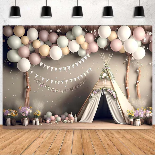 Miniatura 2 de XUNJIN NO.01 - Fondo de fotografía de globo rosa bohemio para niños, fiesta de primer cumpleaños, pastel, retrato, decoración de fotos, telón
