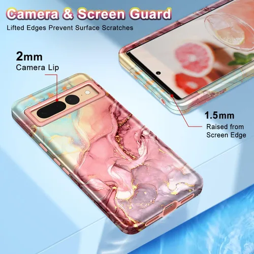 Miniatura 4 de Btscase Funda para Google Pixel 7 Pro, patrón de mármol 3 en 1, resistente a prueba de golpes, cuerpo completo, policarbonato duro y suave