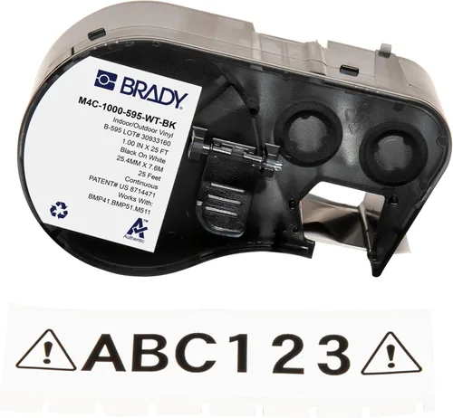 Brady Authentic (M4C-1000-595-WT-BK) Etiquetas de vinilo para todo tipo de clima de 1 pulgada de ancho x 25 pies, negro sobre blanco. Para uso con