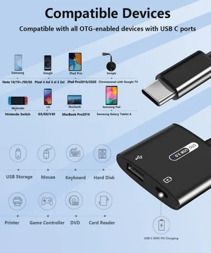 Miniatura 2 de Adaptador USB C OTG con alimentación, 2 en 1 USB C a USB hembra con adaptador de carga PD de 60 W compatible con iPhone 17/16/15, iPad Pro/Air 6
