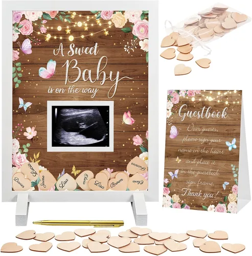 Miniatura 8 de Alternativas de libro de invitados Kosiz para Baby Shower, decoraciones de baby shower con corazones de madera para 60 invitados, marco de foto