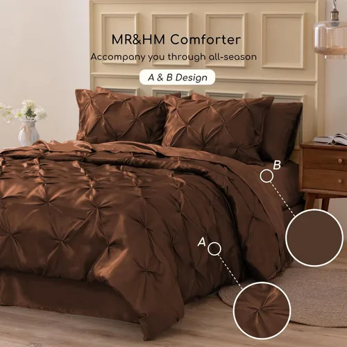 Miniatura 7 de MR&HM Juego de ropa de cama con edredón satinado King de 7 piezas - Juego de cama lujoso con pliegues, con edredón, sábana plana, sábana ajustada