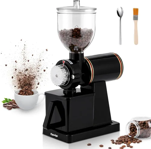 Molinillo de café de Burr eléctrico, para uso comercial y doméstico, silencioso, pequeño, con tolva ajustable, con cepillo, cuchara, color negro