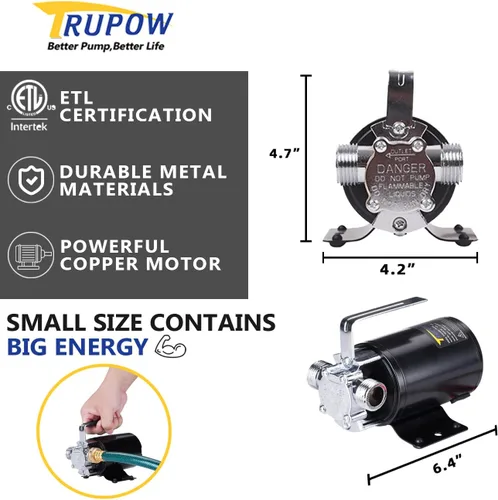 Miniatura 4 de Trupow DC 12-Volt 1/10HP 330GPH, alimentada por batería, mini bomba de agua de transferencia de sumidero eléctrico portátil con kit de manguera