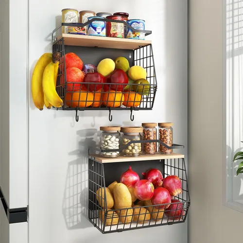 Miniatura 12 de Wawocs Tazón de frutas de 2 niveles, cesta de frutas para encimera de cocina, cesta apilable, cesta colgante montada en la pared, cestas de alambre